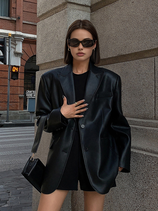 Blazer Élégant Poches Cuir Similicuir - Foivo