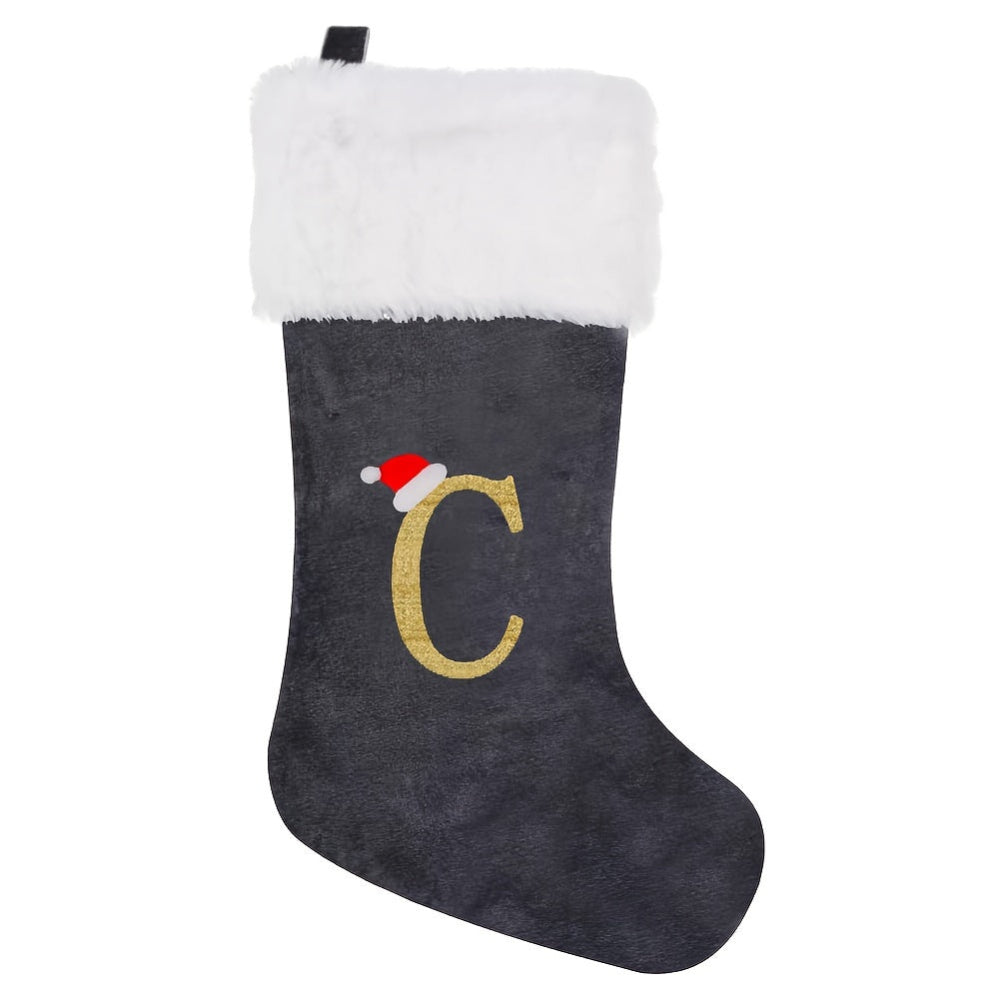 Chaussettes de Noël Velours Initiale Grise Décoration Fêtes