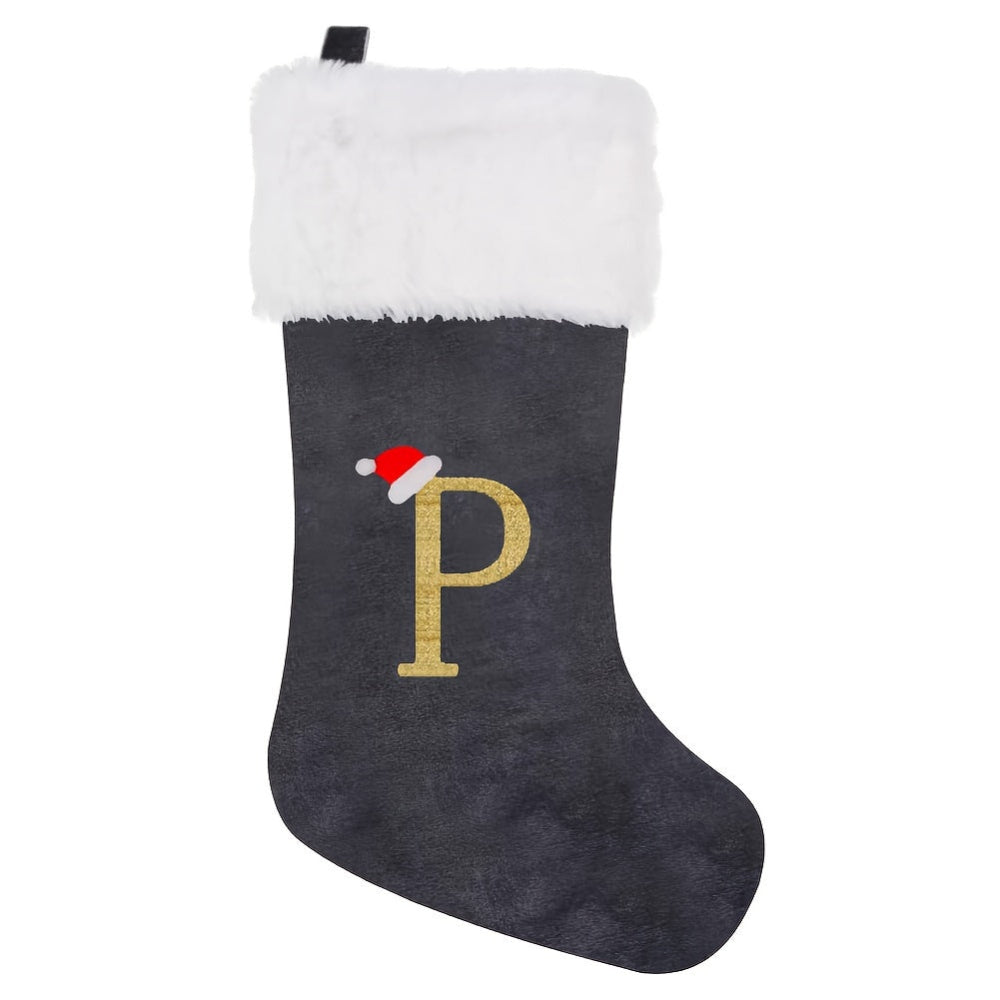 Chaussettes de Noël Velours Initiale Grise Décoration Fêtes