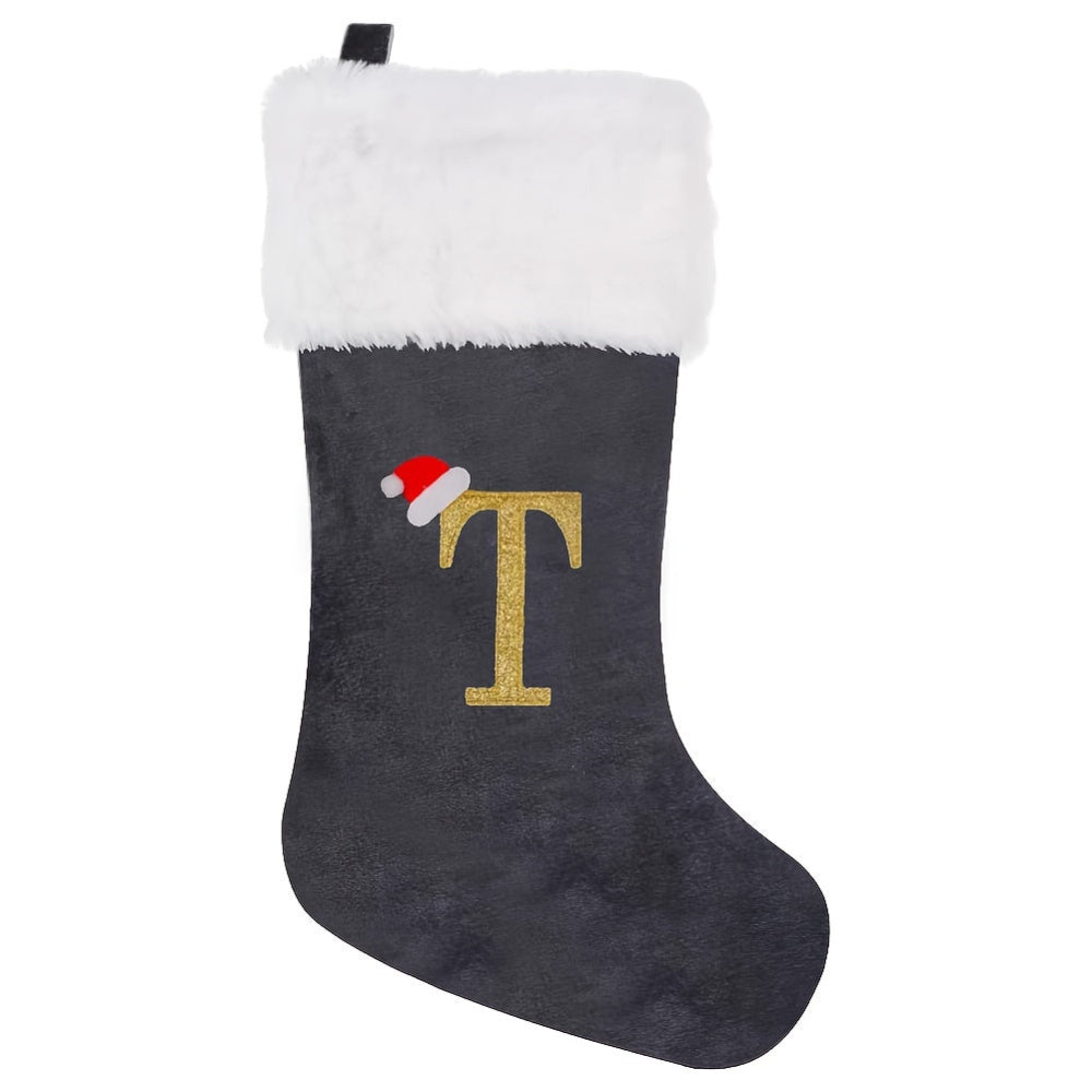 Chaussettes de Noël Velours Initiale Grise Décoration Fêtes