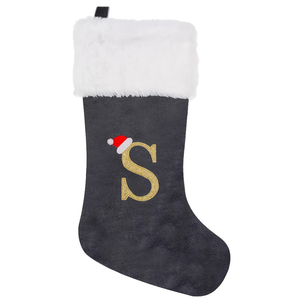 Chaussettes de Noël Velours Initiale Grise Décoration Fêtes