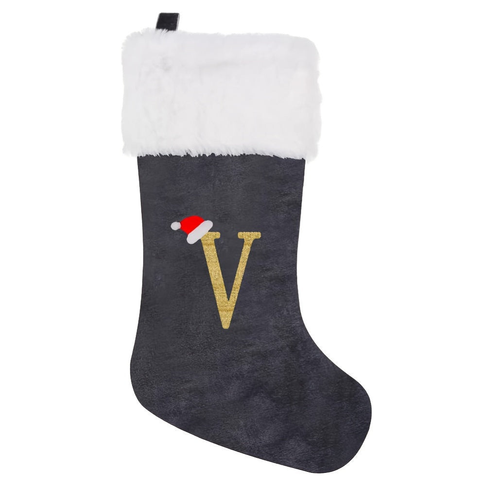 Chaussettes de Noël Velours Initiale Grise Décoration Fêtes
