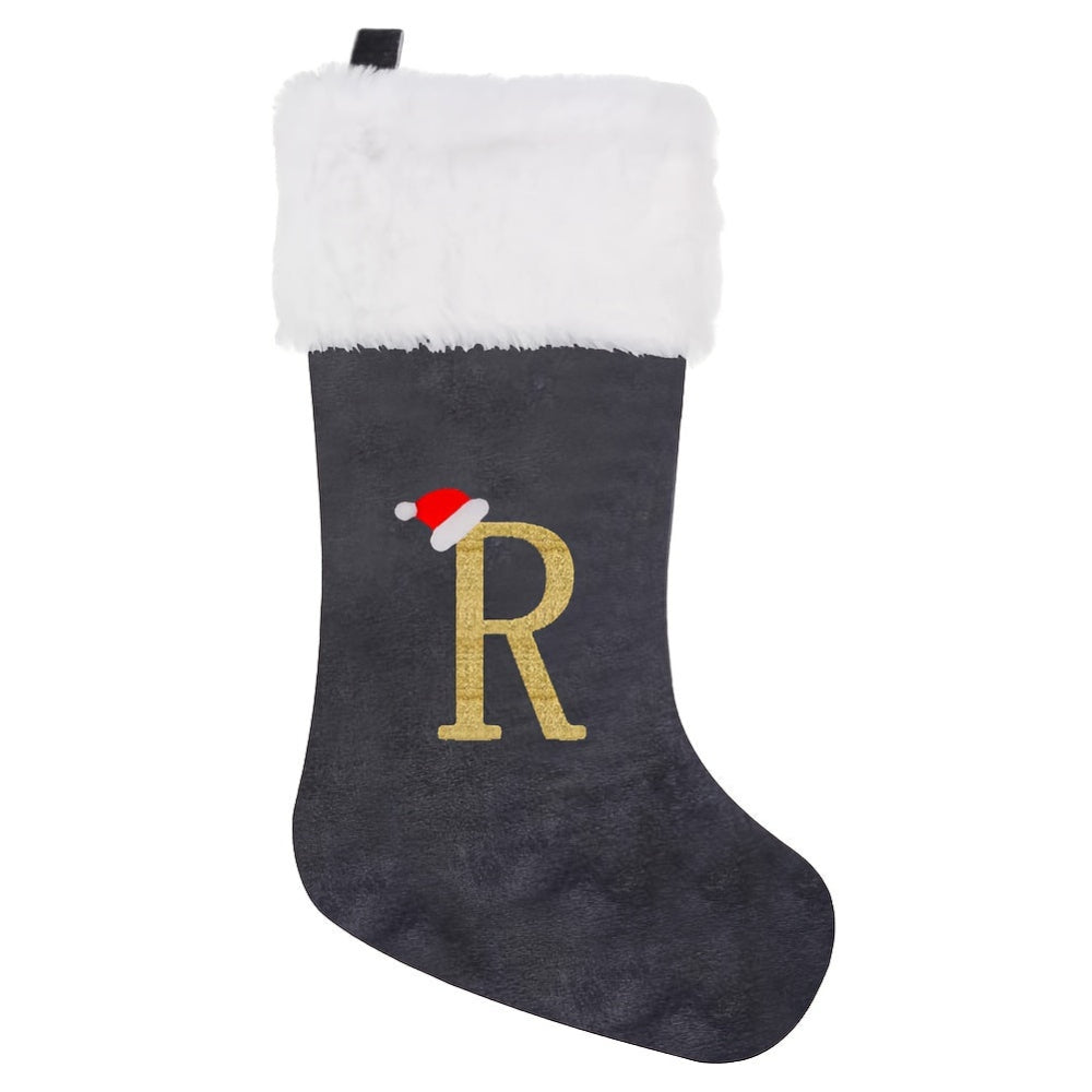 Chaussettes de Noël Velours Initiale Grise Décoration Fêtes