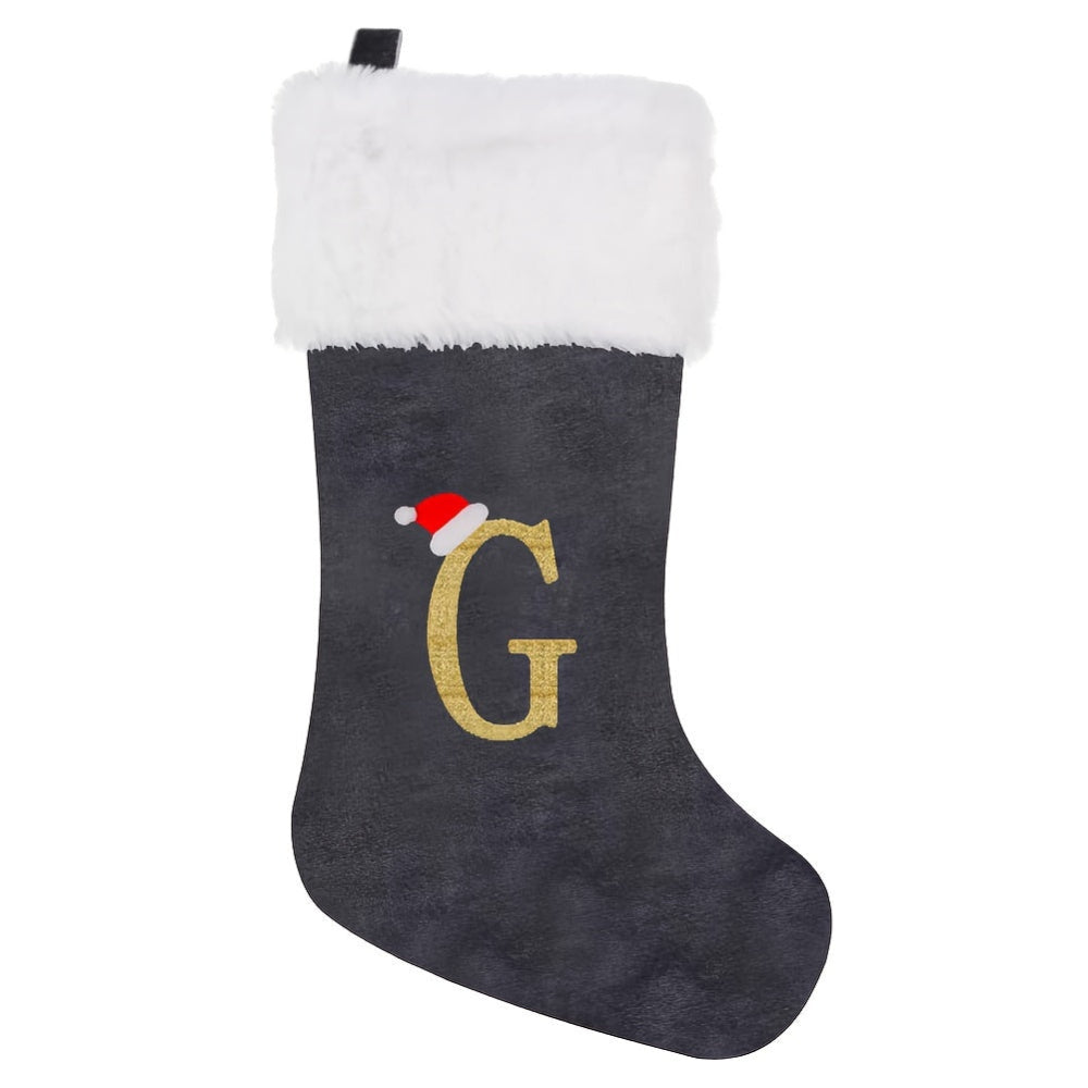 Chaussettes de Noël Velours Initiale Grise Décoration Fêtes