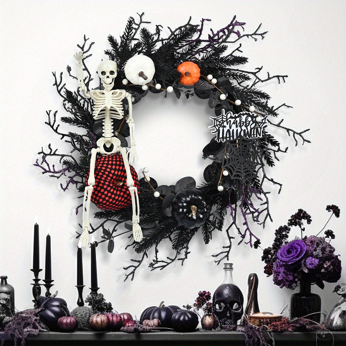 Décoration Halloween Couronne Squelette Citrouilles Effrayante - Foivo
