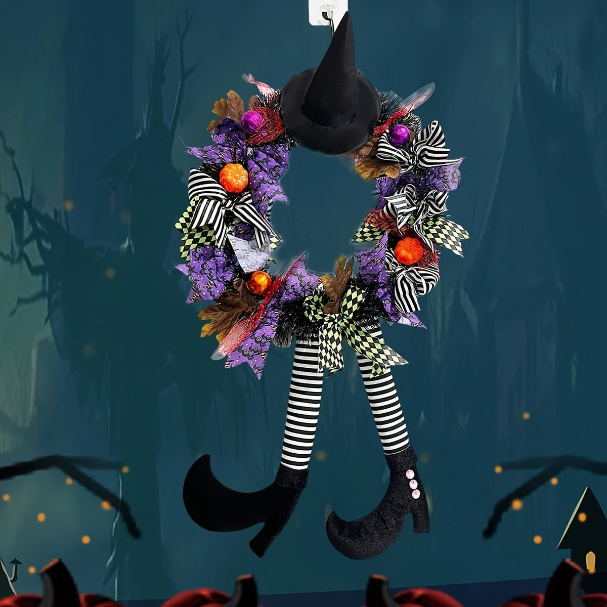 Décoration Halloween Couronne de Porte avec Jambes de Sorcière Festive
