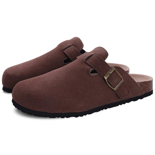 Mules en Suede Brun Foncé - Chaussures Décontractées avec Semelle Cork et Support d'Arch - Foivo