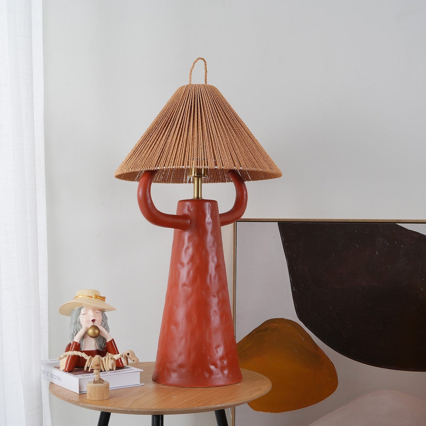 Lampe de Table en Terre Cuite Charmante avec Abat-jour en Fibre Naturelle