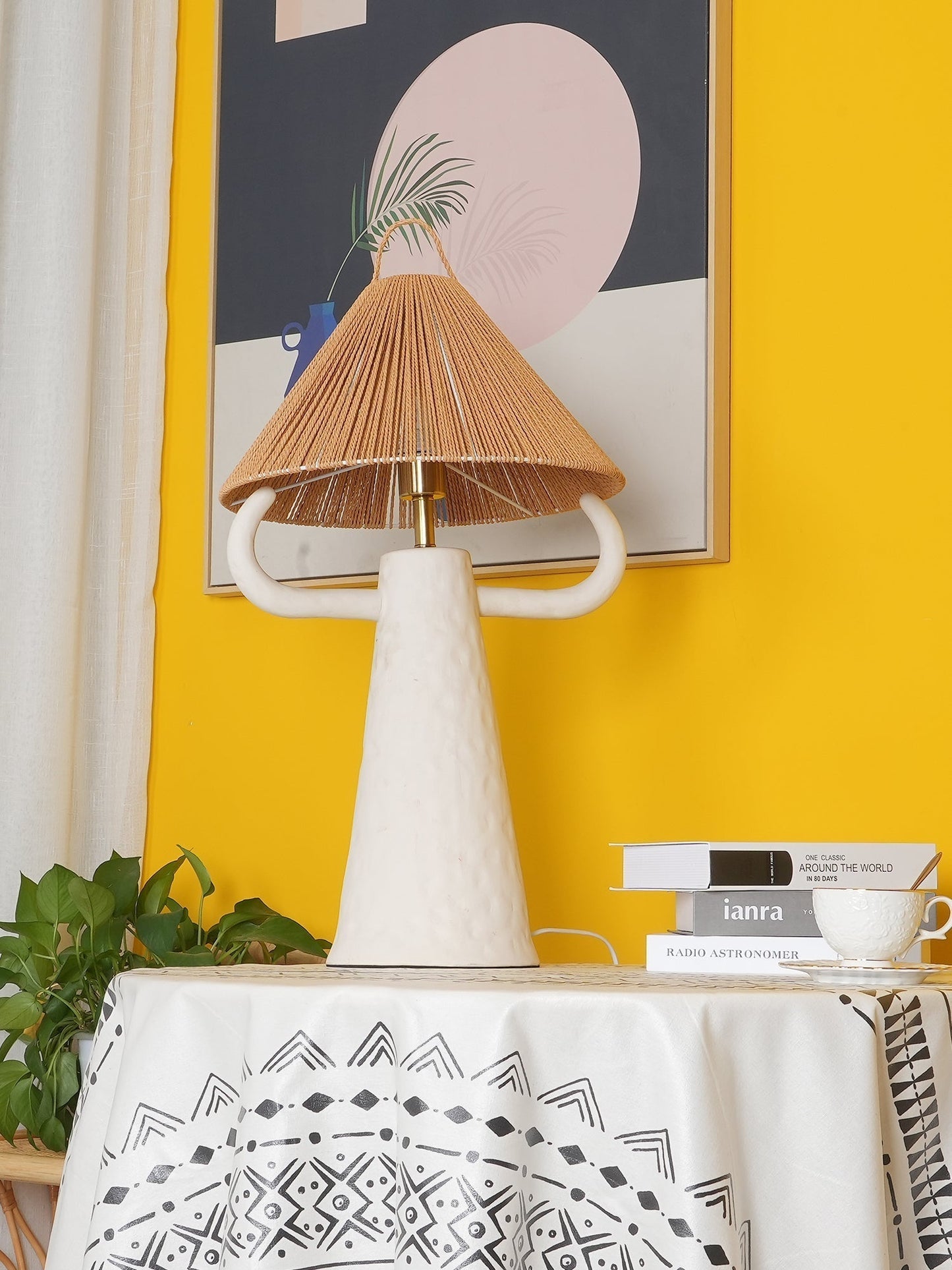 Lampe de Table en Terre Cuite Charmante avec Abat-jour en Fibre Naturelle