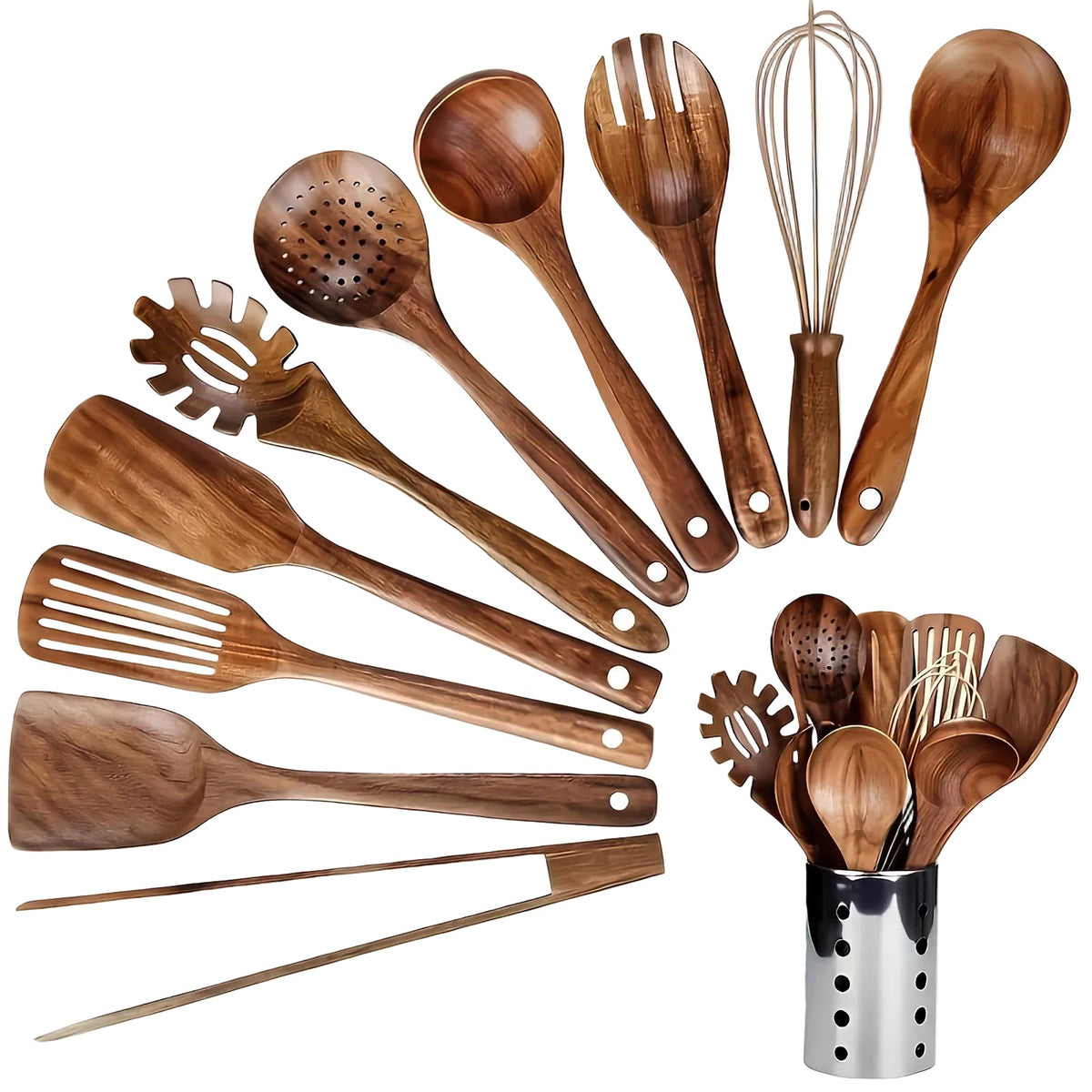 Ensemble Ustensiles de Cuisine Bois de Teck avec Support - Foivo