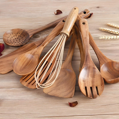 Ensemble d'Ustensiles de Cuisine en Teck de 11 Pièces avec Support 2