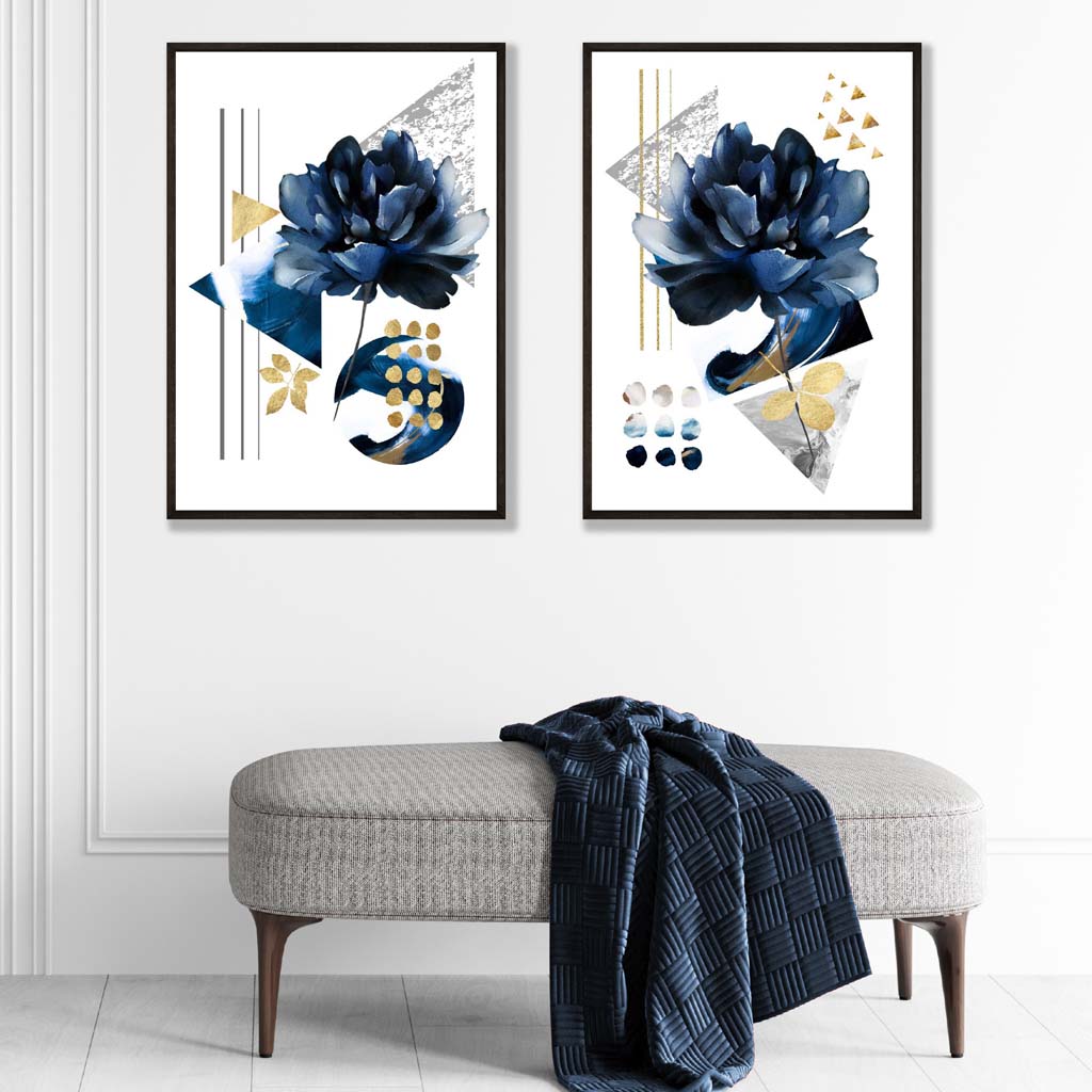 Ensemble de 2 tirages d'art Fleurs Modernes Bleu et Or 1