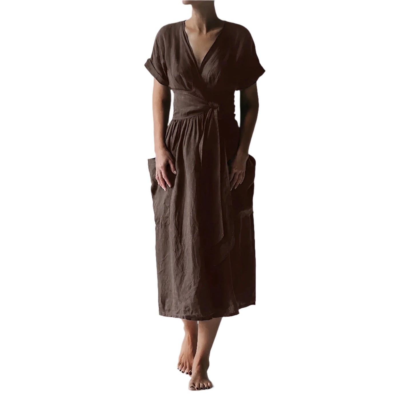 Robe Détendue à Ceinture avec Décolleté en V