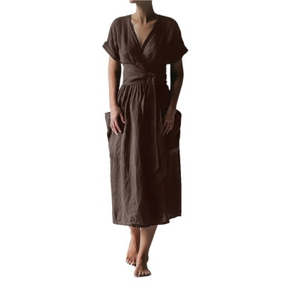 Robe Détendue à Ceinture avec Décolleté en V