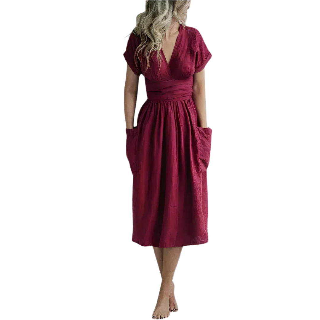 Robe Détendue à Ceinture avec Décolleté en V