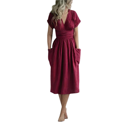 Robe Détendue à Ceinture avec Décolleté en V