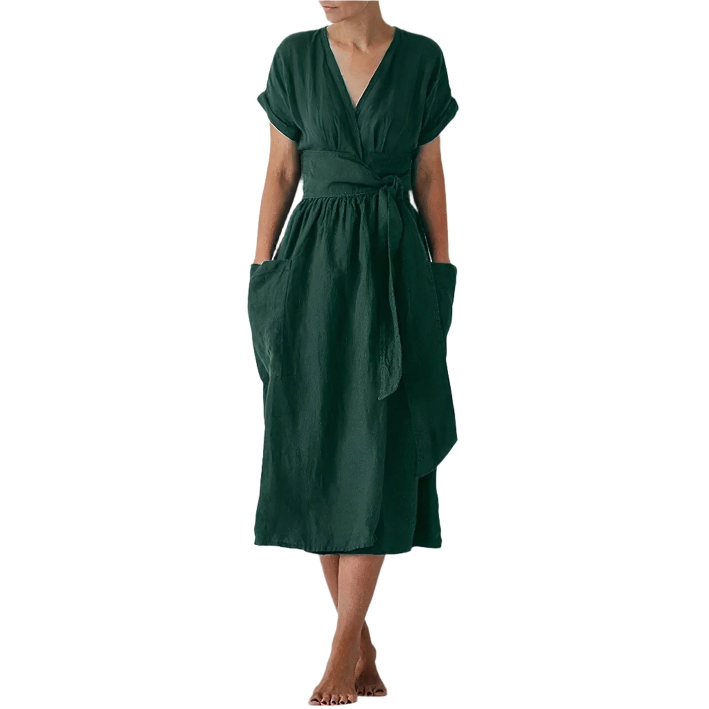 Robe Détendue à Ceinture avec Décolleté en V