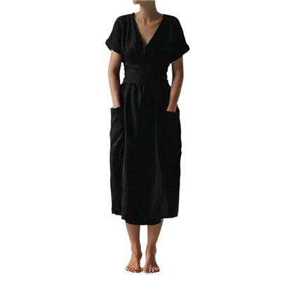 Robe Détendue à Ceinture avec Décolleté en V