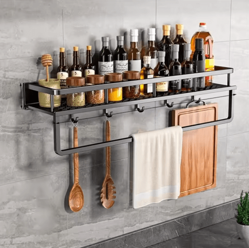 Étagère Murale Cuisine Bois avec Porte-Serviettes Intégré