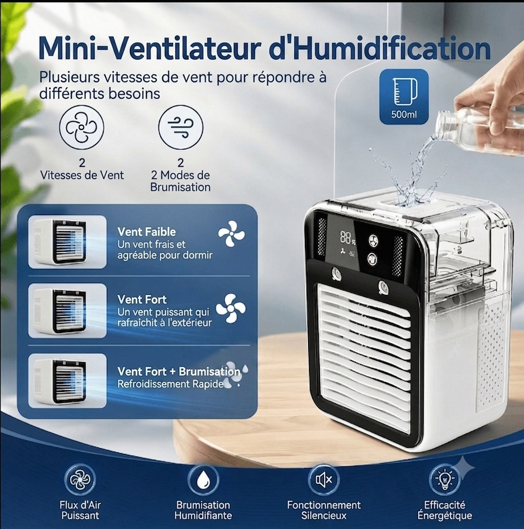 Ventilateur Brumisateur Portable USB-C Réservoir Intégré Multiple