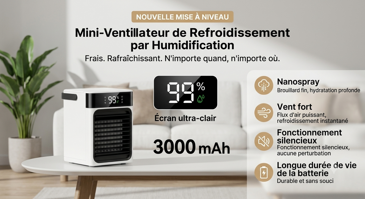 Ventilateur Brumisateur Portable USB-C Réservoir Intégré Multiple