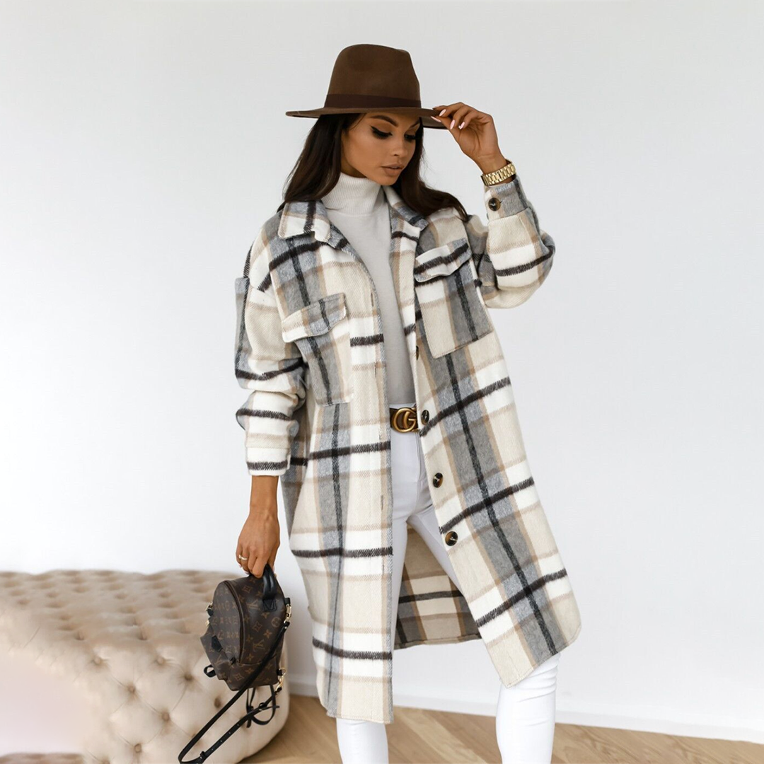 Manteau long à carreaux chic pour femme hiver