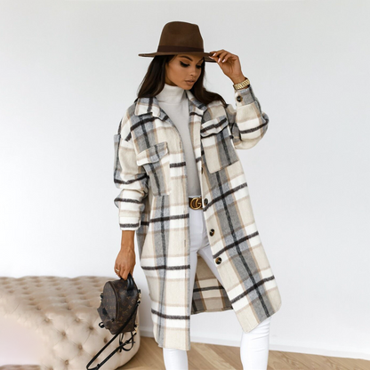 Manteau long à carreaux chic pour femme hiver