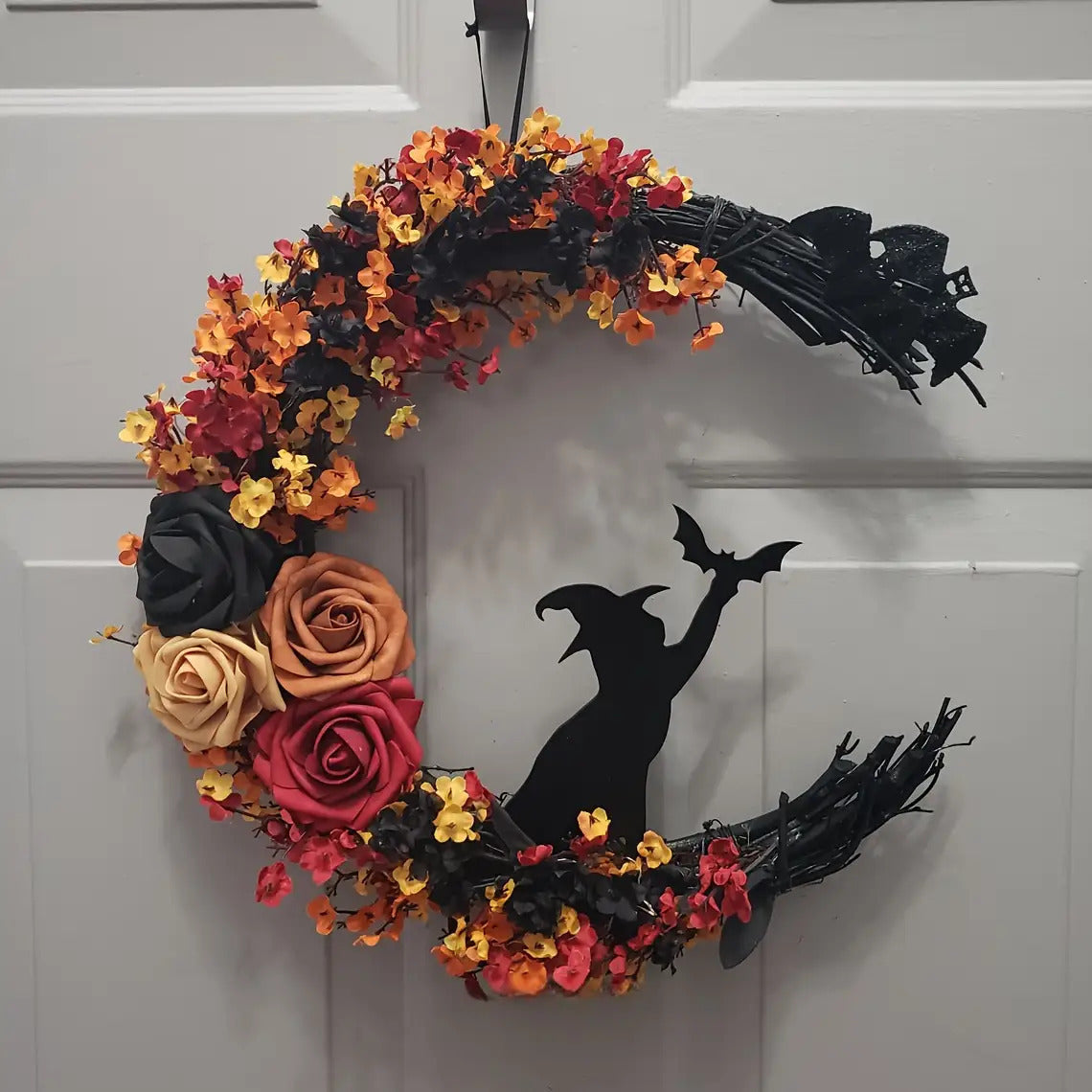 Guirlande Florale Sorcière - Décoration Porte Halloween Croissant de Lune - Foivo
