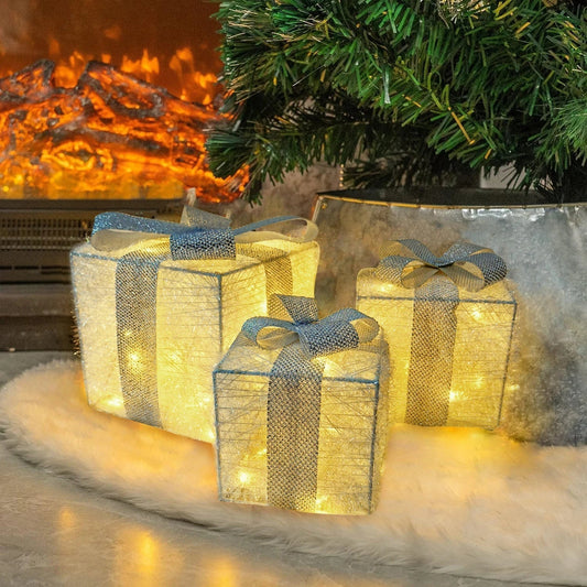 Boîtes à Cadeaux Lumineuses Décoratives | Set de 3 Ornaments de Fête - Foivo