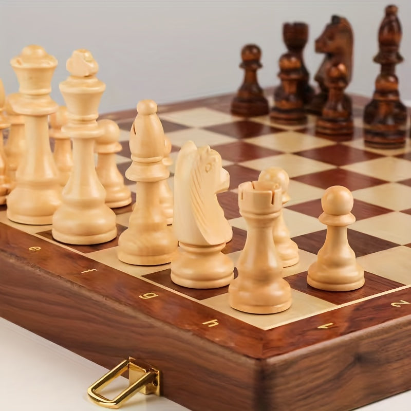 Jeu d’échecs en bois avec coffret de rangement pliable, pièces en bois et intérieur doublé noir-accessoires-Oslo France