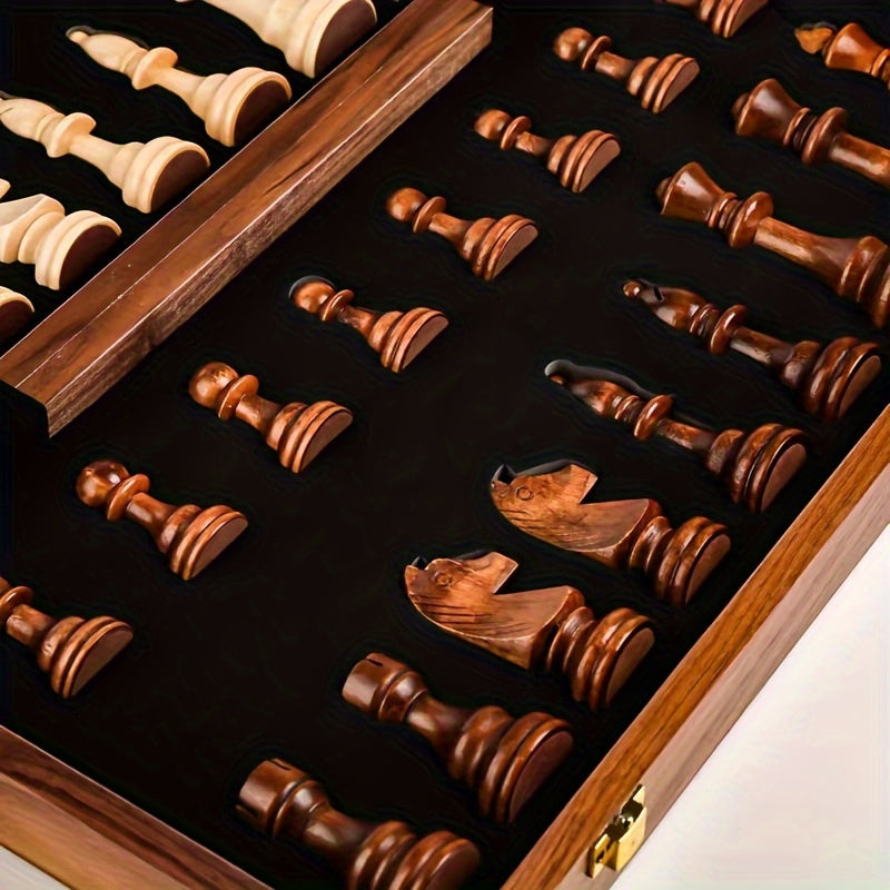 Jeu d’échecs en bois avec coffret de rangement pliable, pièces en bois et intérieur doublé noir-accessoires-Oslo France