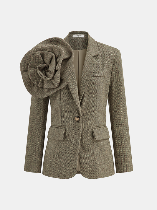 Blazer Tweed Chic Bouton Simple | Fleurs Brodées Raffinées - Foivo