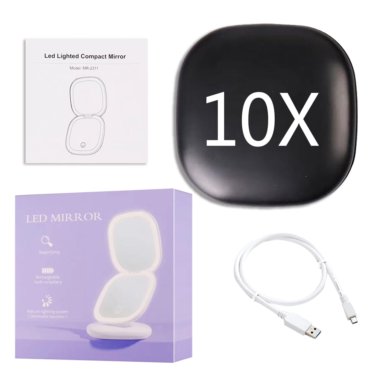 Miroir de Maquillage LED Compact avec Double Grossissement
