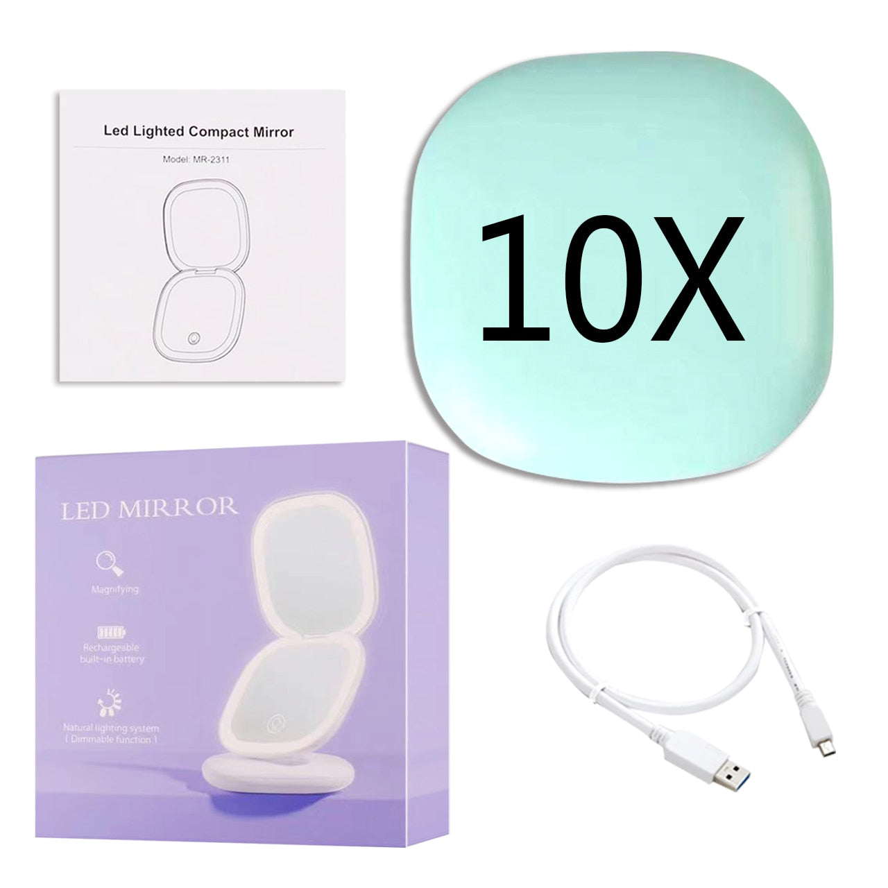 Miroir de Maquillage LED Compact avec Double Grossissement