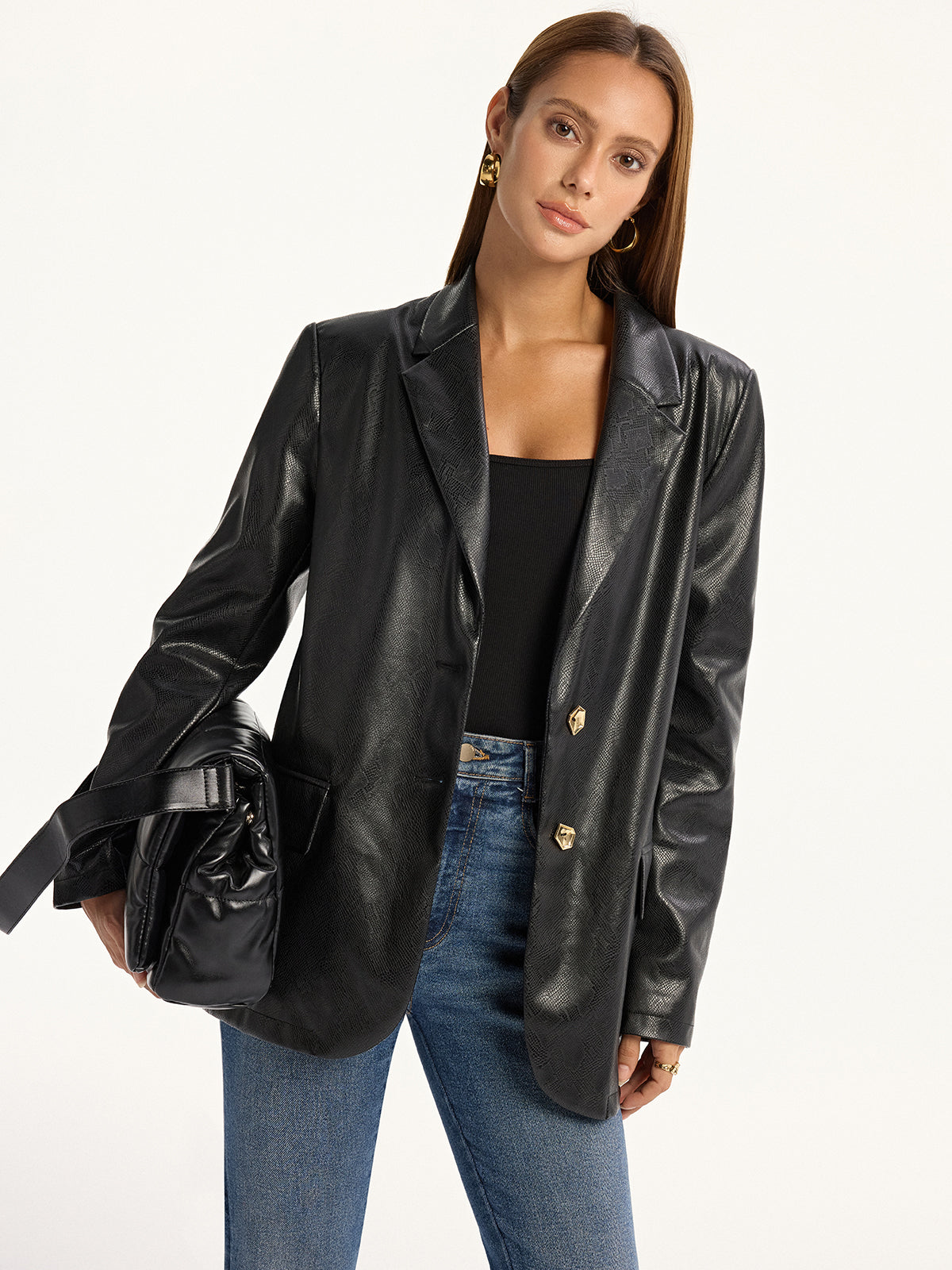 Blazer Cuir Faux Serpent Élégant Manches Longues - Foivo