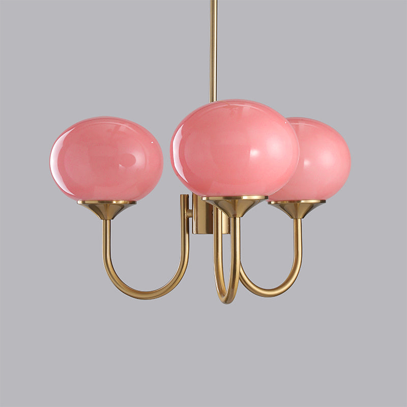 Luminaire Plafond Élégant 3 ou 5 Bras - Doré avec Abat-jours en Verre Rose