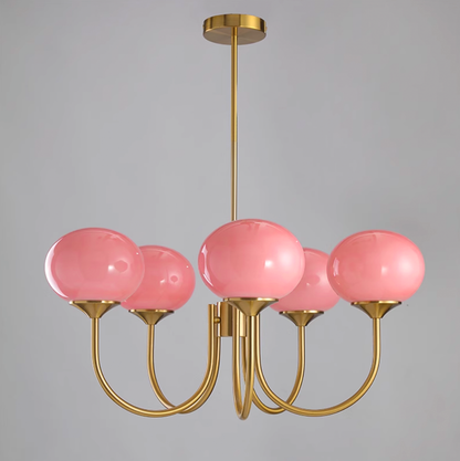 Luminaire Plafond Élégant 3 ou 5 Bras - Doré avec Abat-jours en Verre Rose