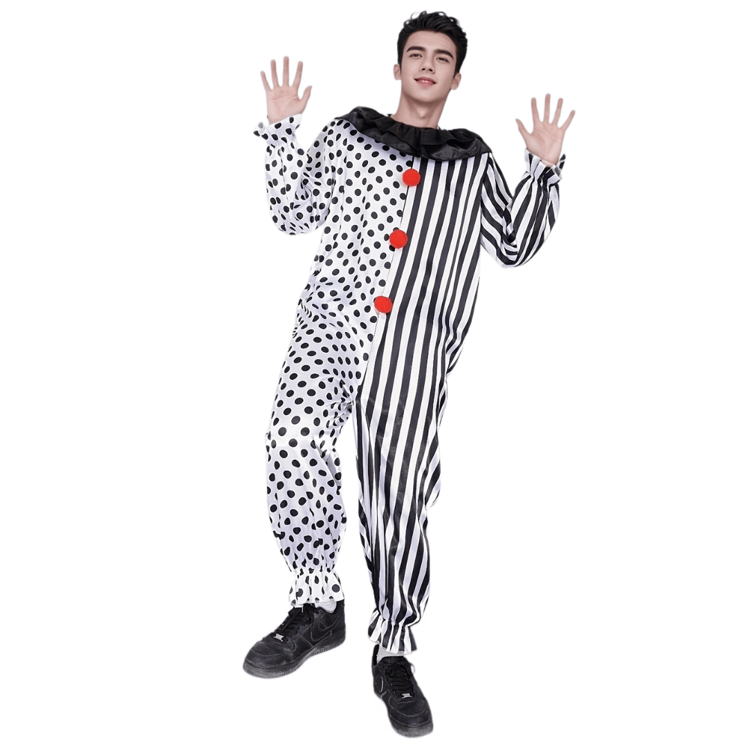 Men’s Polka Dot Striped Clown Costume | Funny Halloween Jumpsuit - Foivo