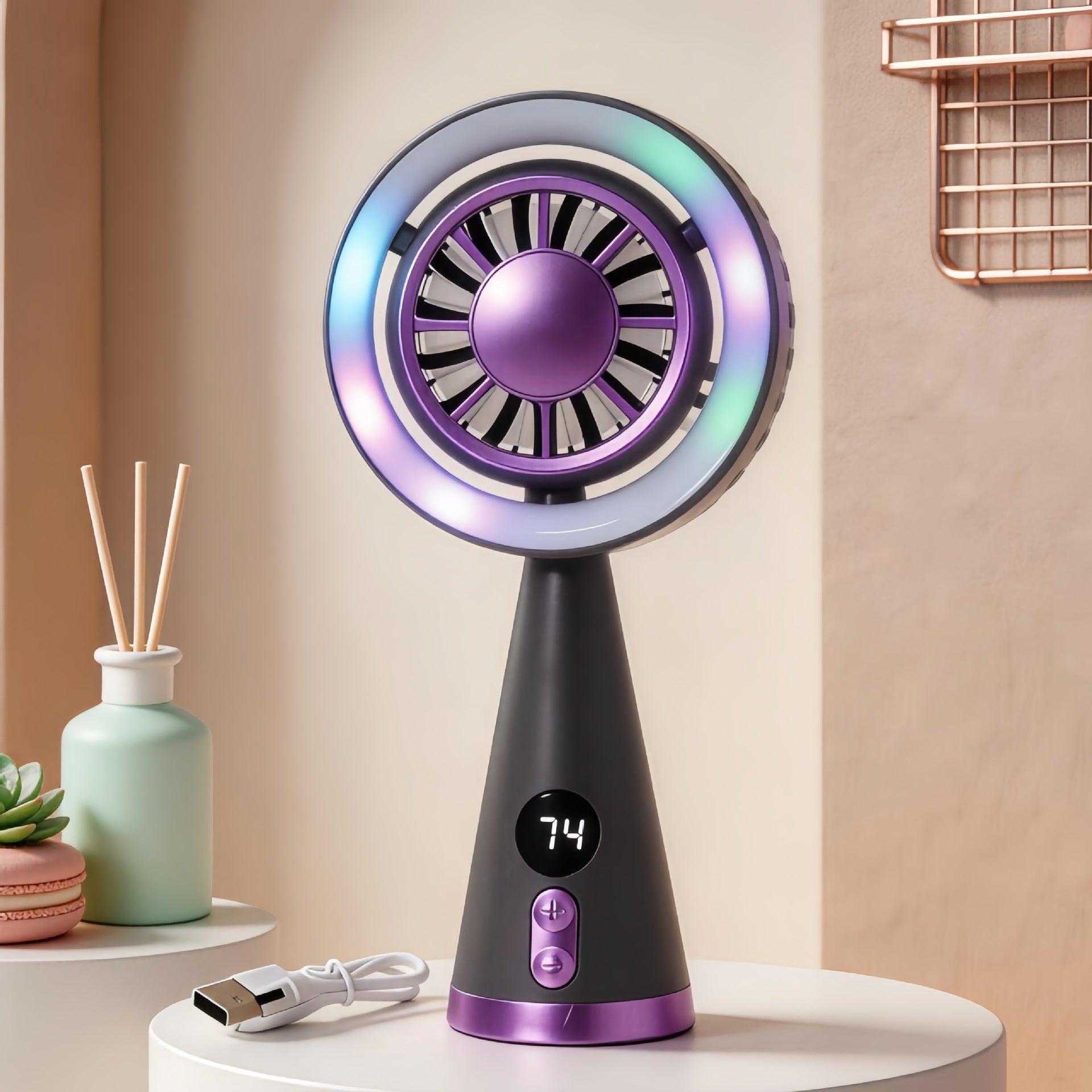 Mini Ventilateur Portable Rechargeable avec Éclairage LED et Affichage Numérique 5