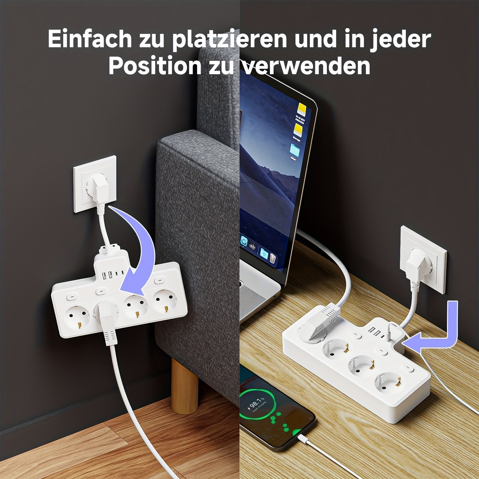 Multiprise 7 en 1 avec Interrupteur et Ports USB Compacte 3