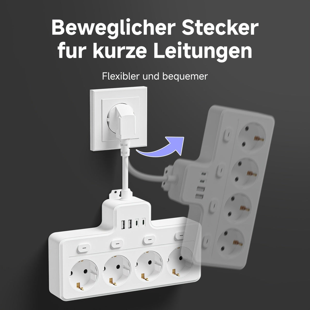 Multiprise 7 en 1 avec Interrupteur et Ports USB Compacte 7