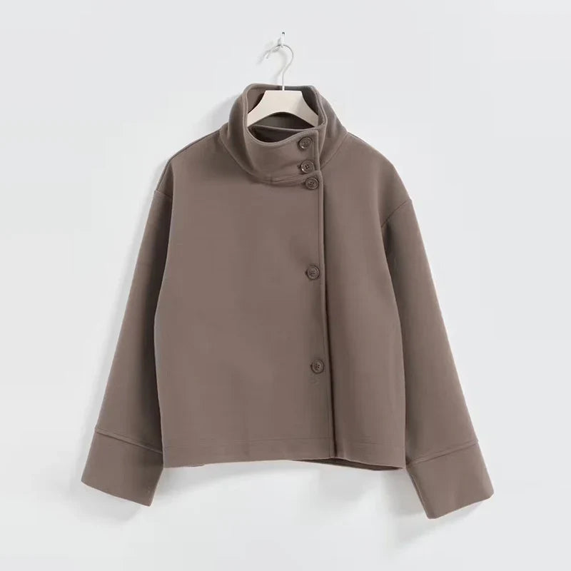 Manteau Court Femme Élégant Col Revers et Fermeture Bouton