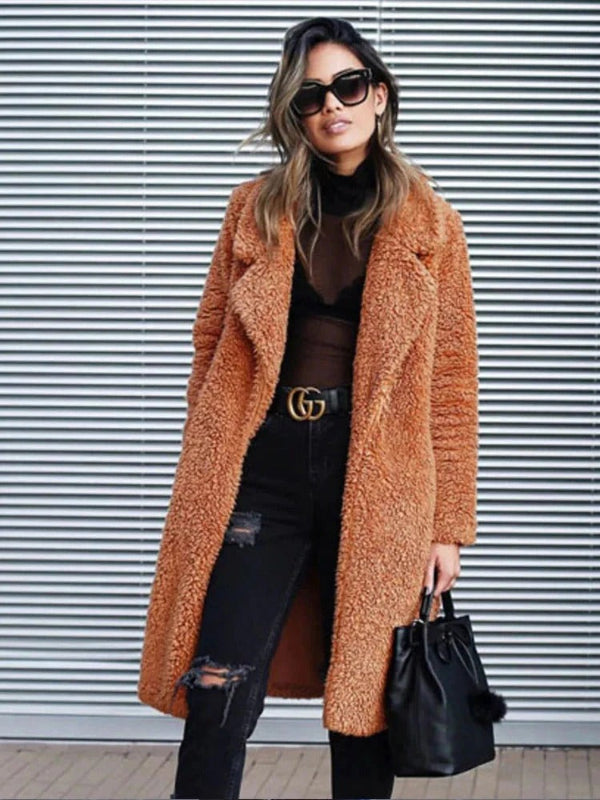 Manteau Élégant en Peluche Femme - Doudoune Longue Col Réversible pour Hiver