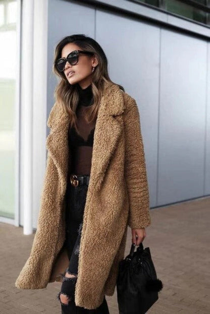 Manteau Élégant en Peluche Femme - Doudoune Longue Col Réversible pour Hiver
