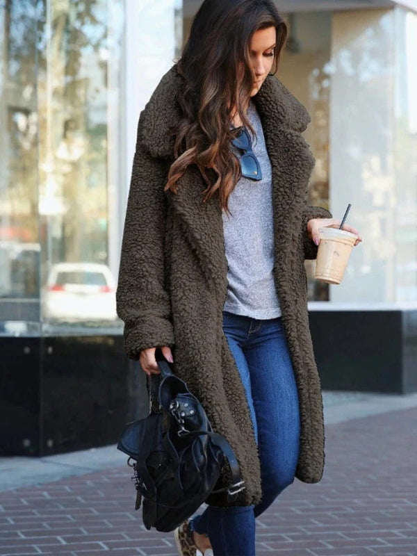 Manteau Élégant en Peluche Femme - Doudoune Longue Col Réversible pour Hiver