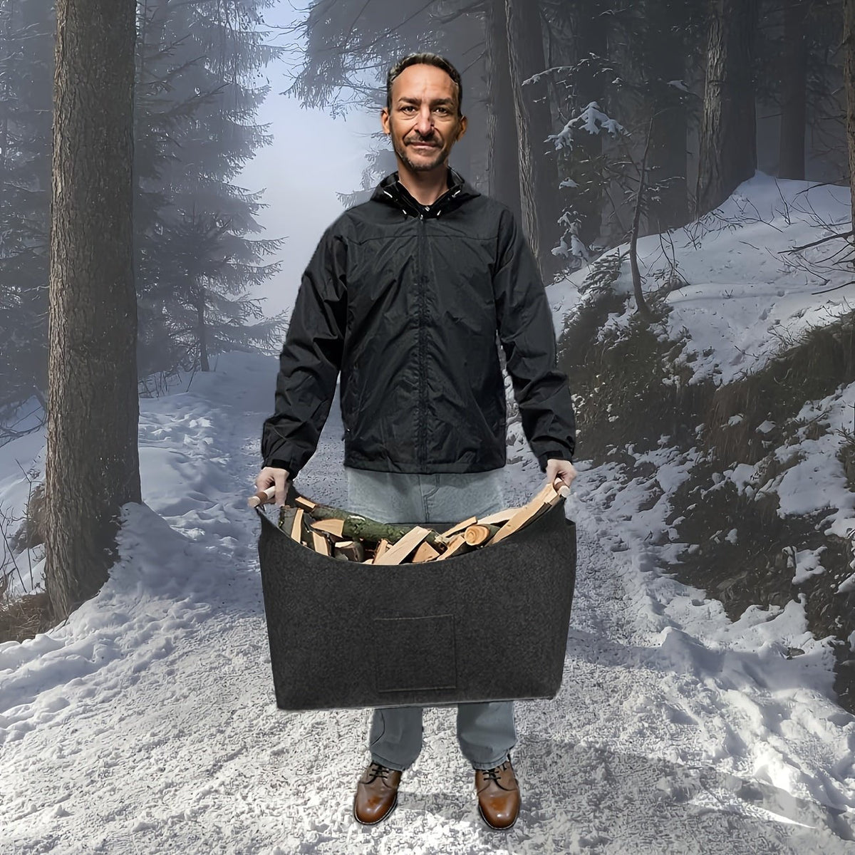 Panier à bûches Pliable Feutre Poignées en Bois L