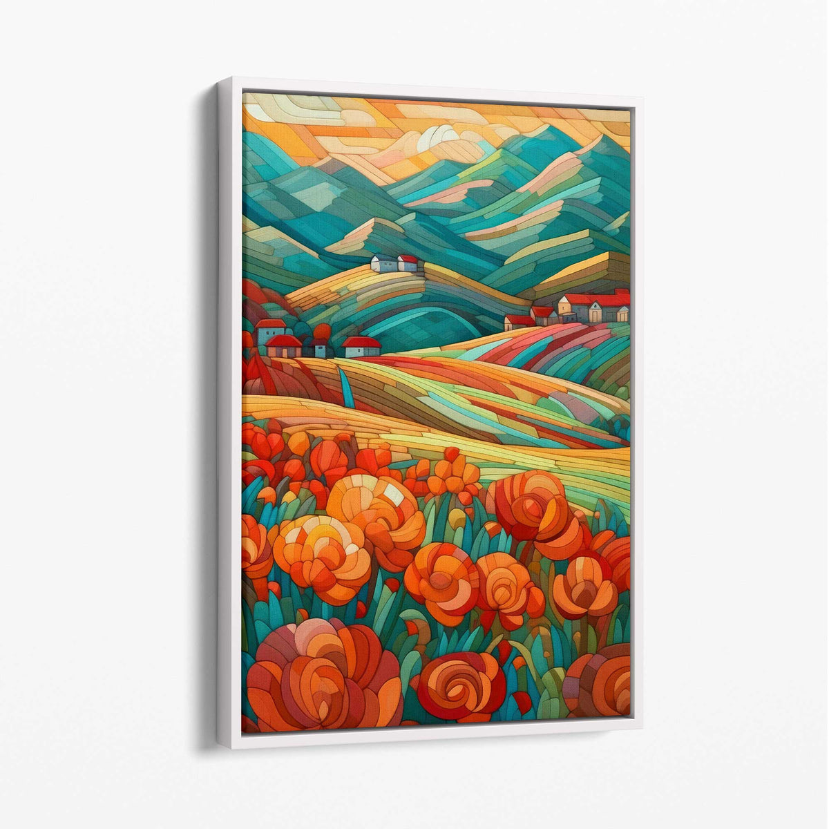 Peinture Abstraite Paysage Coloré avec Fleurs Rouges 2