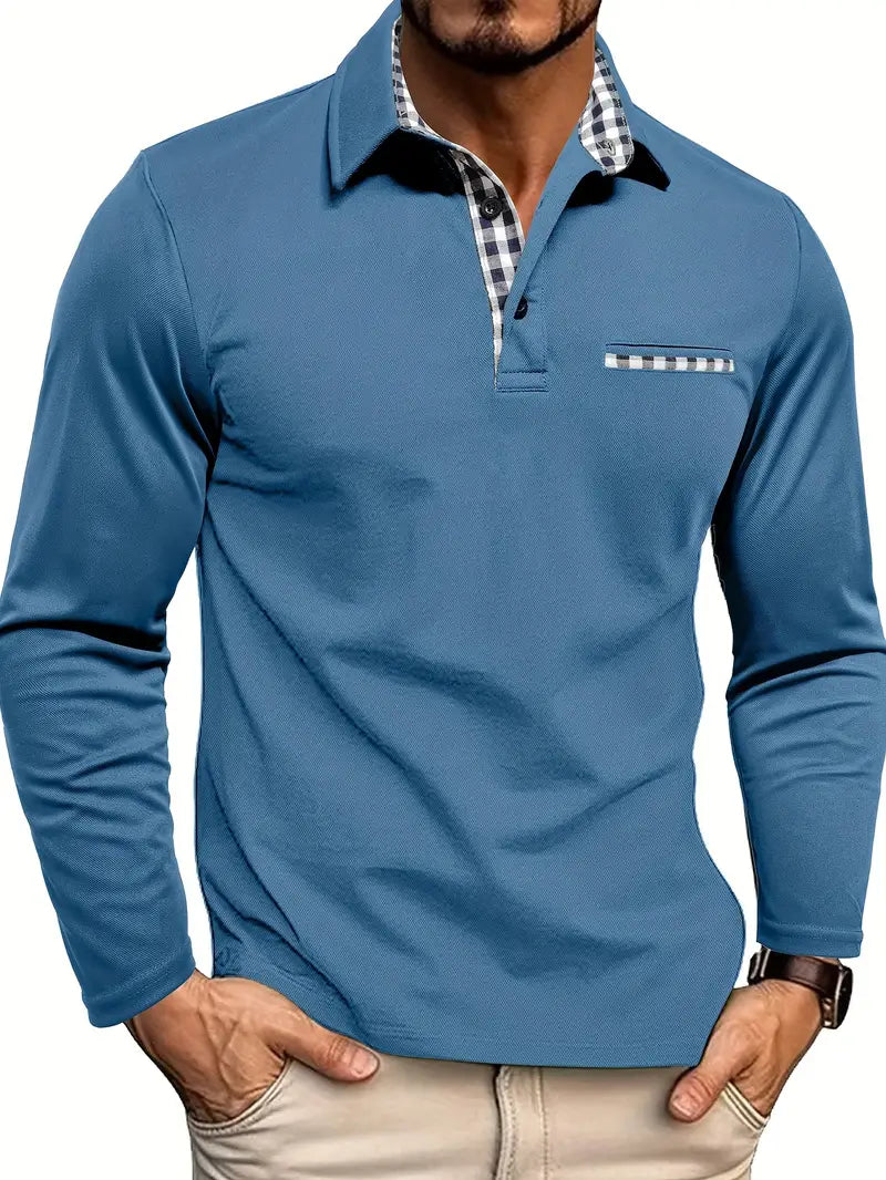 Polo Homme Manche Longue Chic avec Détails à Carreaux 3