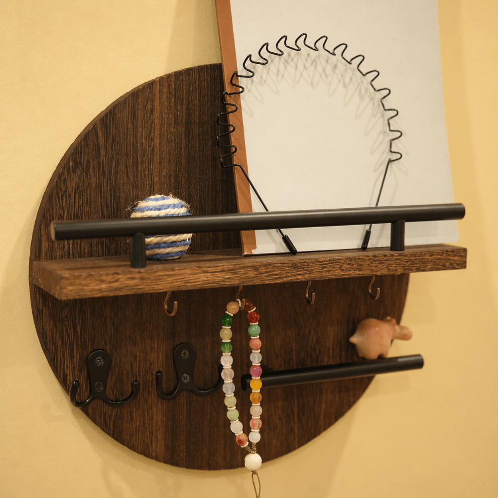 Porte-clés Mural Bois avec Étagère et Crochets Pratiques