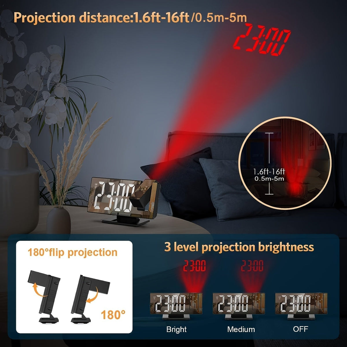 Réveil LED à Projection Réglable 180° 6
